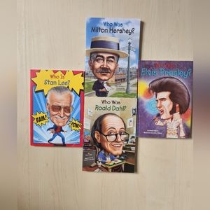 Set of 4 Who Was Books. STAN LEE, ROALD DAHL, ELVIS, and MILTON HERSHEY